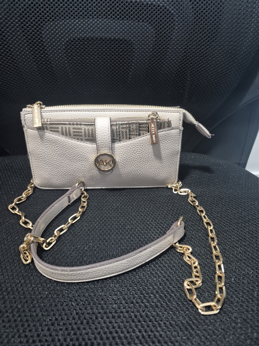 Anne Klein Beige Crossbody Wallet with Gold Chain